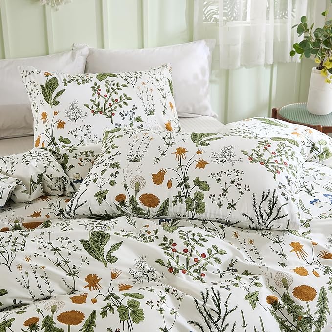 Green Comforter Set King, 100% Cotton Reversible Floral Pattern Comforter Set 3 Pcs Soft Cotton Lightweight Comforter All Season Soft & Breathable Green Bedding Set