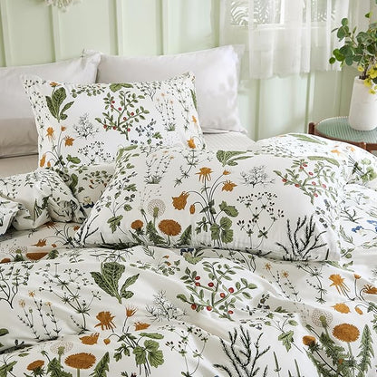 Green Comforter Set King, 100% Cotton Reversible Floral Pattern Comforter Set 3 Pcs Soft Cotton Lightweight Comforter All Season Soft & Breathable Green Bedding Set