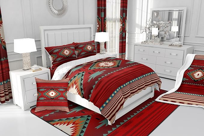 Feelyou Red Rustic Western Comforter Set Southwest Native Tribal Toddler Size Bedding Set for Kids Boys Girls Geometric Boho Comforter Soft Microfiber West Bedroom Decor