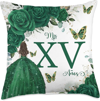 Emerald Green Floral Quinceañera Mis XV Años Throw Pillow Throw Pillow