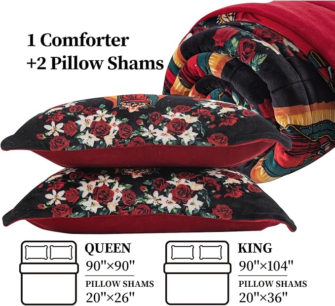 Petrichor Virgin Mary Guadalupe Velvet Flannel Queen Comforter Set-Luxury Fuzzy Heavy Bedding Set,3 Pieces Plush Winter Bed Set with Comforter (90"x90") & 2 Pillow Shams (20"x26")