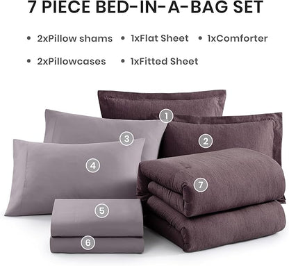 Monbix Super King Size Comforter Set, Italian Plum Bedding Set Reversible, Comforter Set 7 Pieces, Cationic Dyeing Bed in a Bag with Comforter, Sheets, Pillowcases & Shams