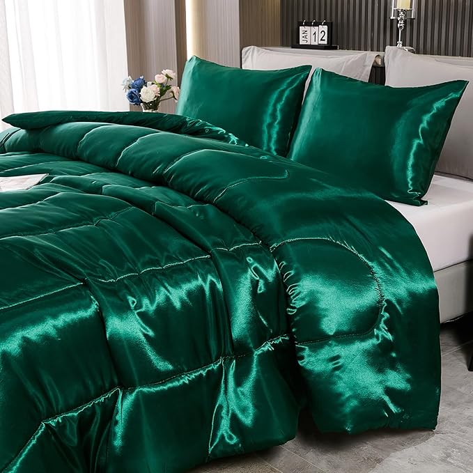 Bedding_Dreamer Satin Comforter Set King Size Silk Like Silky Down Comforter Luxury Hotel Silky Bed Home Deocr Blackish Green Bedding Set