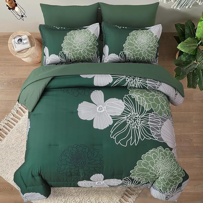 Yiran 7 Pieces King Size Comforter Set,Dark Green Floral Bed in a Bag Comforter and Sheet Set, Soft Microfiber Lightweight Bedding Set for All Season 104"×90"