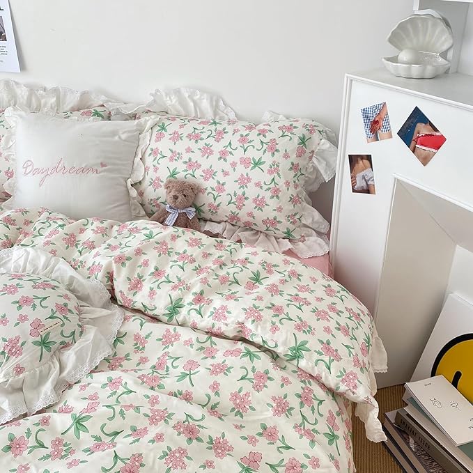 HighBuy White Lace Comforter Set Queen Pink Floral Bedding Set Ruffled Lace Comforter with 2 Ruffle Pillowcases Coquette Cottagecore Comforter Sets for Women Girls,Quilted,Cozy Soft
