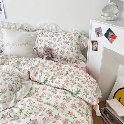 HighBuy White Lace Comforter Set Queen Pink Floral Bedding Set Ruffled Lace Comforter with 2 Ruffle Pillowcases Coquette Cottagecore Comforter Sets for Women Girls,Quilted,Cozy Soft