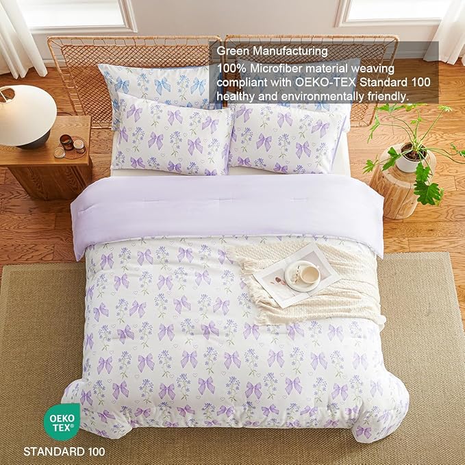 Purple Bow Comforter Set Queen 3 Pieces Floral Bedding Set for Girls Kids, Romantic Princess Style Bowknot Bedding, Ultra Soft Microfiber Garden Flower Comforter Sets with 2 Pillowcases