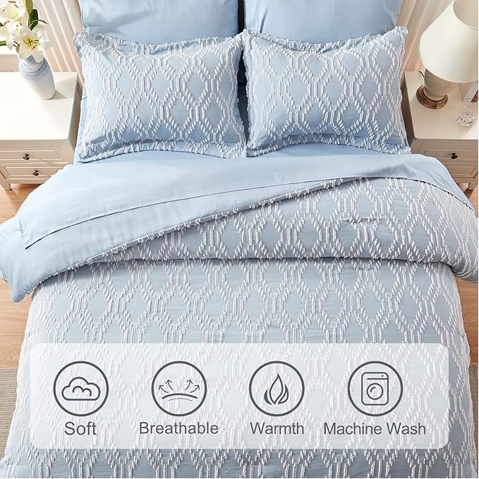 EMME 7 Piece King Embroidery Comforter Set Bed in A Bag, Microfiber Tufted Bedding Comforter with Sheets, Ultra Soft Comfortable Boho Bedding Set for All Season (King, Dusty Blue)