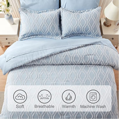 EMME 7 Piece King Embroidery Comforter Set Bed in A Bag, Microfiber Tufted Bedding Comforter with Sheets, Ultra Soft Comfortable Boho Bedding Set for All Season (King, Dusty Blue)