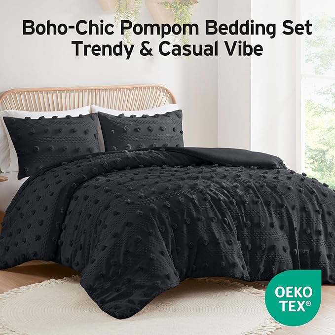 Intelligent Design Queen Duvet Cover Set, Clipped Jacquard Duvet Set Chic Pompom Accent, All Seasons Lightweight Microfiber Bed Cover for Comforter with 2 Shams, Lucy, Full/Queen, Black 3 Piece