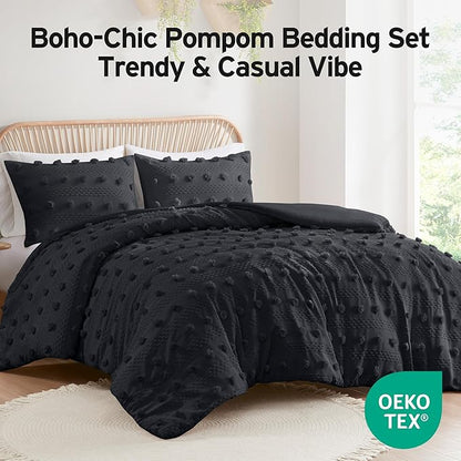 Intelligent Design Queen Duvet Cover Set, Clipped Jacquard Duvet Set Chic Pompom Accent, All Seasons Lightweight Microfiber Bed Cover for Comforter with 2 Shams, Lucy, Full/Queen, Black 3 Piece