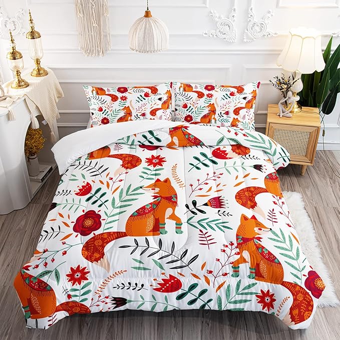 Cartoon Fox Comforter Set 3-Pieces Cute Fox Bedding Set Plants Leaves Printed Quilt Set for Kids Boys Girls with 2 Pillowcases Queen