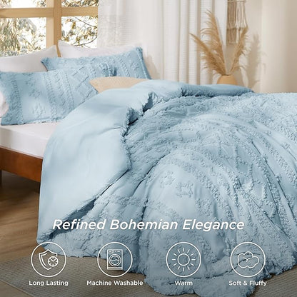 Bedsure Tufted Boho Comforter Set King Size - Light Blue Boho Bed Set, GentleSoft™ 3 Pieces Farmhouse Shabby Chic Embroidery Bedding, Gifts for Woman, Soft Jacquard King Comforter for All Seasons