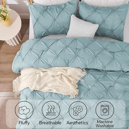 BEDELITE Dusty Blue Queen Comforter Set - 3 Pieces Boho Pintuck Bedding Comforter Sets, Lightweight Soft & Warm Bed Comforter Queen with 2 Pillowcases for All Season
