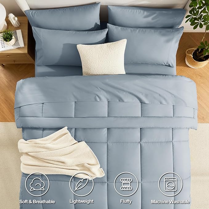 CozyLux Oversized King Comforter Sets Grayish Blue, 7 Pieces Bed in a Bag, Ultra-Soft All Season Bedding Sets with Stitch Quilted Comforter, Flat Sheet, Fitted Sheet, Pillowcases, Grayish Blue