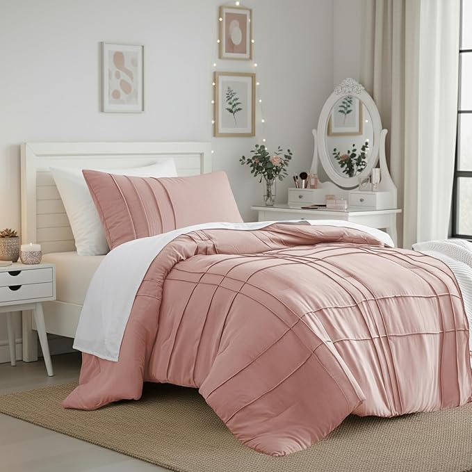 Twin Size Comforter Set Pink, 2 Pieces Bedding Set, Ultra Soft Prewashed Bed Set, Pinch Pleat All Seasons Lightweight Comforter and Sham