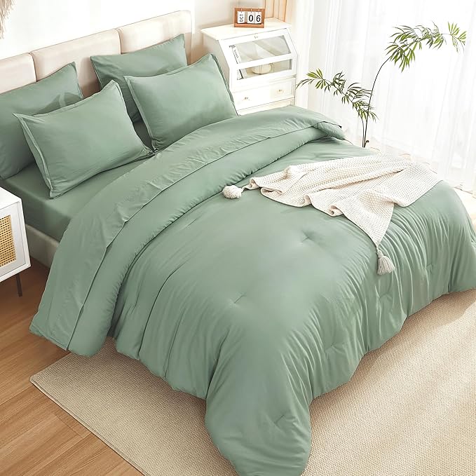 Litanika Comforter Full Size Set Sage Green - 7 Pieces Bed in a Bag Full Bedding Comforter Sets, Plain Lightweight Bed Set with Comforter, Sheets, Pillowcases & Shams