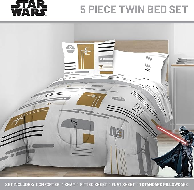 Jay Franco Comforter Set Includes Sheets and Pillow Covers - Soft and Cozy Bed Set for Stylish Room Decor, White - Star Wars, 5 Piece Twin Bedding
