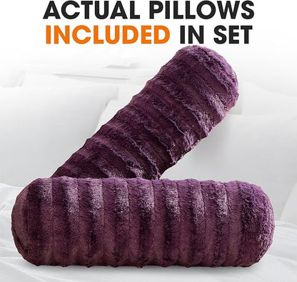 Cheer Collection Faux Fur Bolster Pillows – Soft Decorative Cylinder Pillows for Bed or Couch, Machine Washable – 8” x 24”, Set of 2, Purple