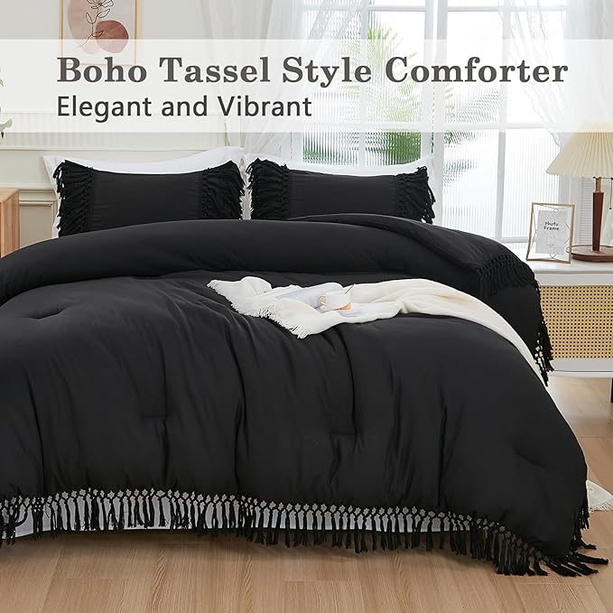 Andency Black Full Size Comforter Set, 3 Pieces Boho Tassel Lightweight Soft Bedding Comforter Sets, All Season Fluffy Fringe Bed Set (79x90In Comforter & 2 Pillowcases)