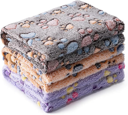 1 Pack 3 Blankets Super Soft Fluffy Premium Fleece Pet Blanket Flannel Paw Printed Throw for Dog Puppy Cat (Medium 30x20'', Dark Coffee, Brown, Purple)