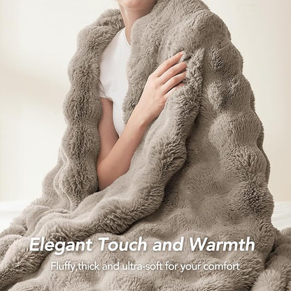L'AGRATY Faux Rabbit Fur Blanket: 90" x 90" Queen Luxury Soft Fluffy Thick Fur Throw Blanket for Couch Bed Sofa - Cozy Plush Bubble Blankets for Winter: Flannel Fleece Decorative Blanket(Castle Grey)
