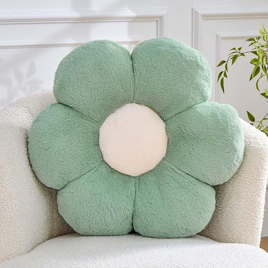 Flower Pillow Cute Decorative Throw Pillow with Faux Rabbit Fur Soft Daisy Plush Floor Cushion Aesthetic Flower Shaped Pillow Home Decor for Bed Sofa Couch (Sage Green14.9 Inch)