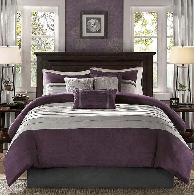 Madison Park Palmer Comforter Set - Faux Suede Design, Striped Accent, All Season Bedding, Shams, Decorative Pillow, Bed Skirt, Queen (90 in x 90 in), Purple 7 Piece