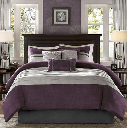 Madison Park Palmer Comforter Set - Faux Suede Design, Striped Accent, All Season Bedding, Shams, Decorative Pillow, Bed Skirt, Queen (90 in x 90 in), Purple 7 Piece