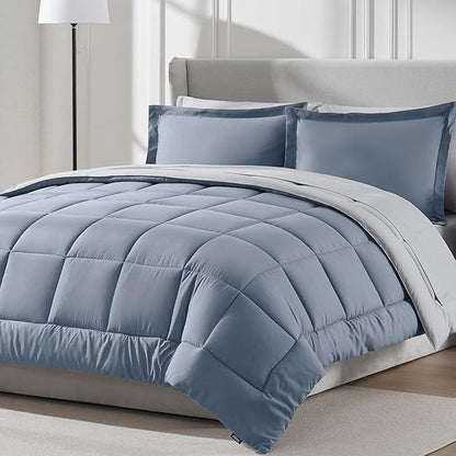 Nestl 7 Piece King Comforter Set – Stone Blue Reversible Bed in a Bag – Complete King Size Bedding Set with Sheets, Pillowcases and Shams