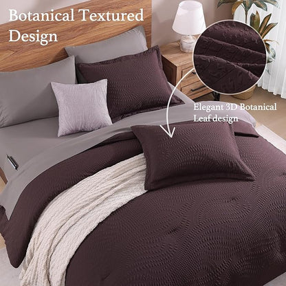 Geniospin Full Size Comforter Set - 7 Pieces Purple Bedding Set, Botanical Textured Comforter Set, All Season Comfortable Bed in a Bag with Comforter, Sheets, Pillowcases & Shams