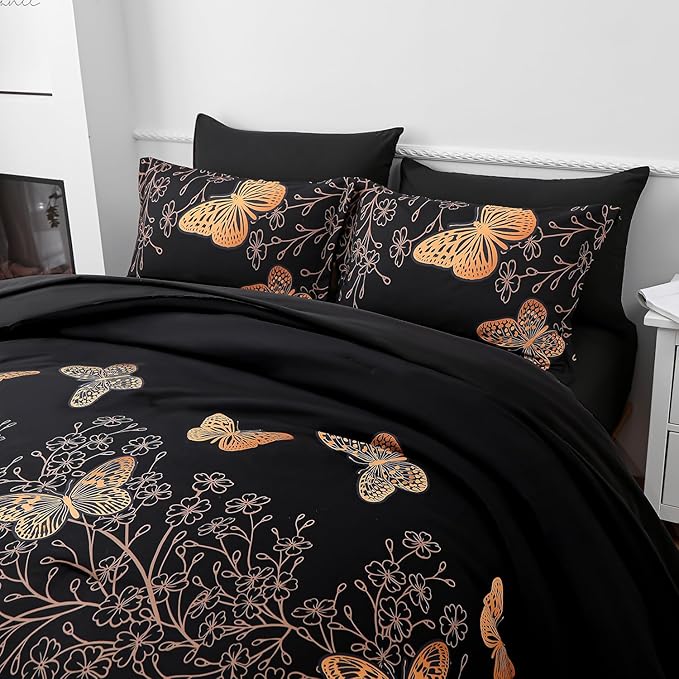 Yogeneg 7 Piece Bed in a Bag Queen Size Comforter Set Black Bedding Set,Gold Butterfly Leaves Printed on Black Reversible Design,Soft Microfiber Comforter with Sheet Set,All Season(Butterfly,Queen)