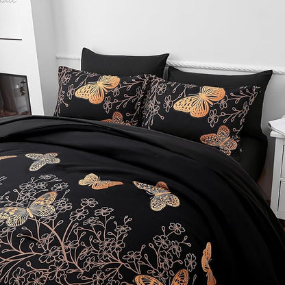 Yogeneg 7 Piece Bed in a Bag Queen Size Comforter Set Black Bedding Set,Gold Butterfly Leaves Printed on Black Reversible Design,Soft Microfiber Comforter with Sheet Set,All Season(Butterfly,Queen)