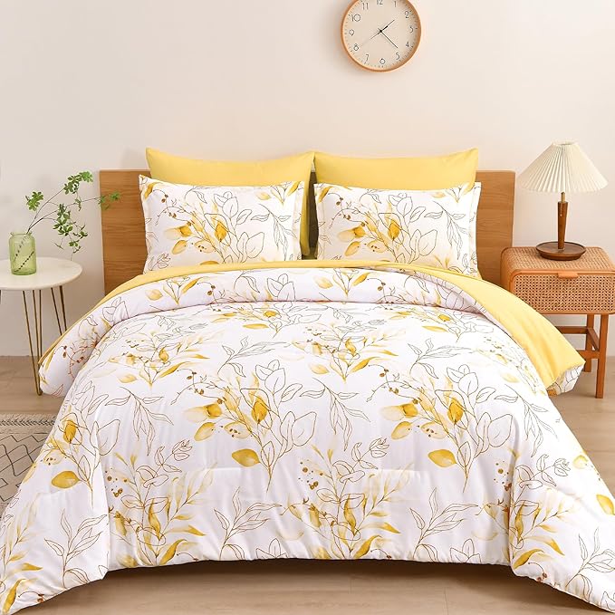 WONGS BEDDING Yellow Comforter Set King, 7 Pieces Botanical Bed in a Bag Comforter Gloden Leaves Bedding Set Soft Microfiber King(1 Comforter,2 Pillowcase,2 Pillow Shams,1 Flat Sheet,1 Fitted Sheet)