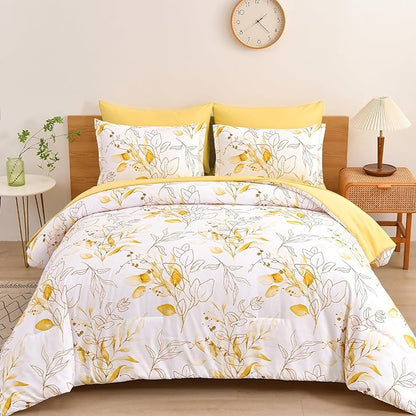 WONGS BEDDING Yellow Botanical Comforter Set Queen, 7 Pieces Floral Bed in a Bag Gloden Leaves Bedding Set Soft Microfiber Queen(1 Comforter,2 Pillowcase,2 Pillow Shams,1 Flat Sheet,1 Fitted Sheet)