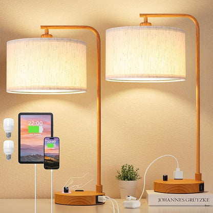 Innqoo Bedside Table Lamps for Bedroom Set of 2-Dimmable Nightstand Lamps with USB Port and Outlet,Modern Wood Lamps with Linen Shade,Tall Desk Lamps for Home Office Bedroom Living Room End Table