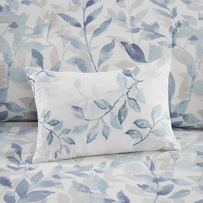 Madison Park Essentials Cozy Bed in a Bag Reversible Comforter with Complete Sheet Set - Modern Botanical Print All Season Cover, Shams, Decorative Pillow, Queen(90"x90"), Blue 8 Piece
