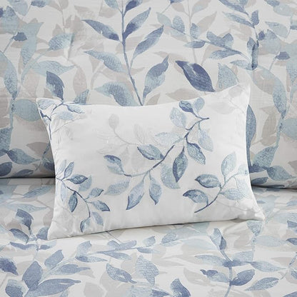 Madison Park Essentials Cozy Bed in a Bag Reversible Comforter with Complete Sheet Set - Modern Botanical Print All Season Cover, Shams, Decorative Pillow, Cal King(104"x92"), Blue 8 Piece