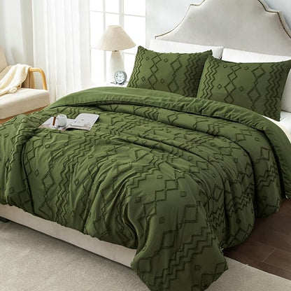 Andency Olive Green Tufted Comforter Set King(104x90Inch), 3 Pieces Boho Textured Farmhouse Bed, Soft Microfiber Down Alternative Geometric Bed Set with 2 Pillowcases