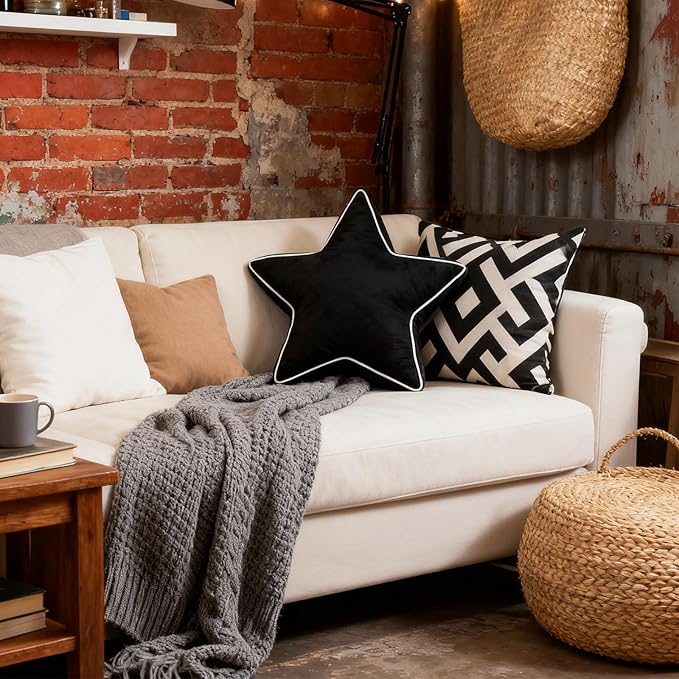 Star Pillow - Decorative Throw Pillows Floor Cushion Accent Pillow for Sofa Bed Couch Bedroom Black