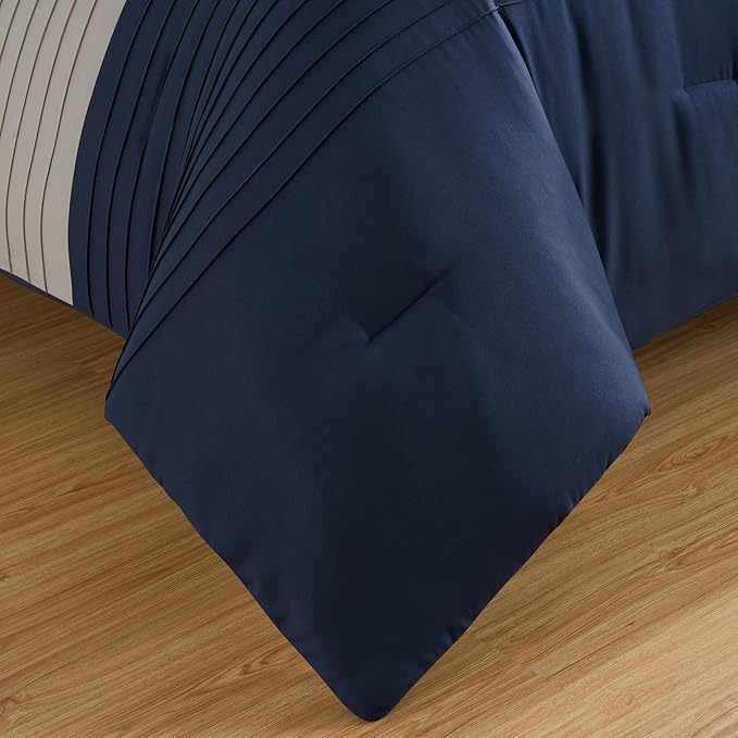 Chezmoi Collection Briar 7-Piece King Bed in a Bag - All Season Lightweight Microfiber Comforter Set - Includes Sheets & Shams - Midnight Blue/Brown/Coffee Pleated Stripe Design