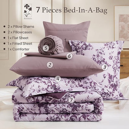 King Comforter Set -7 PiecesDeep Purple Floral Comforter Set for All Seasons, Bed in a Bag King with Botanical Flowers Comforter, Sheets, Pillowcases & Shams