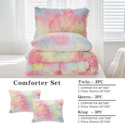 Joyreap 3-Piece Plush Shaggy Comforter Set, King Size Luxury Faux Fur Sherpa Reversible Bedding Comforter Set, Ultra Cozy Warm Fluffy Bedding Set for Winter (Rainbow, 100x88 inches)