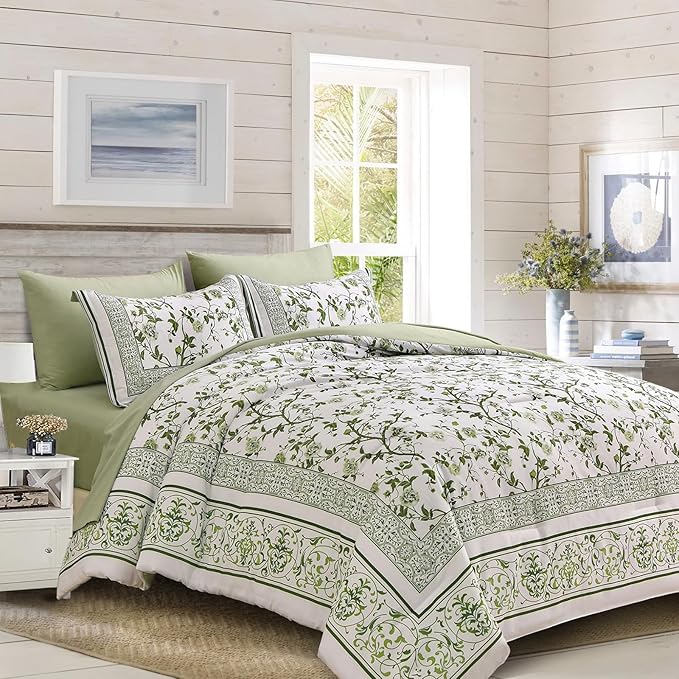 Dobuyly Floral King Size Comforter Set, Sage Green Flowers on White Botanical Bedding Set 7 Piece Bed in a Bag King, Soft Microfiber Bedding Comforter Sets with Sheets for All Season