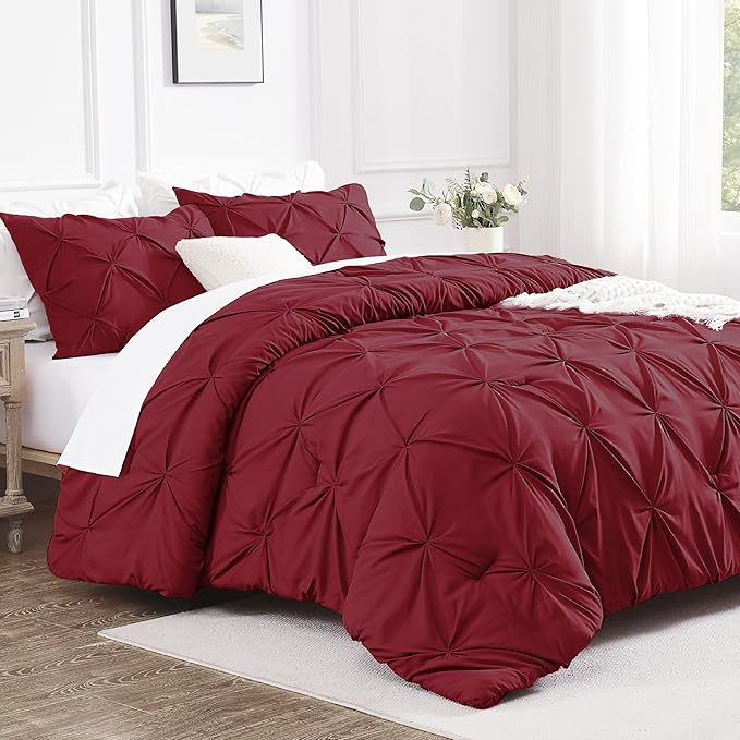 Andency Burgundy Comforter Set King(104x90Inch), 3 Pieces(1 Pinch Pleat Comforter and 2 Pillowcases) All-Season Pintuck Comforter Set, Soft Lightweight Microfiber Bedding Set