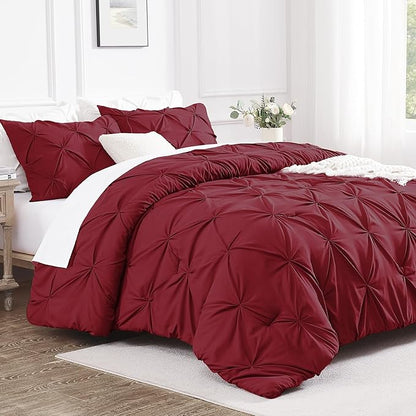 Andency California King Comforter Set Burgundy (104x96Inch), Pinch Pleat Cal King Comforter Set 3 Pieces, Oversized King Pintuck Bed Comforter, Microfiber Down Alternative Comforter Bedding Set