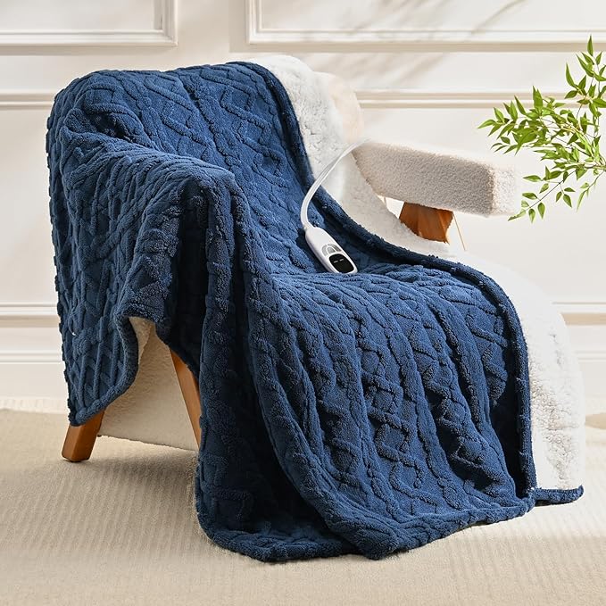 Heated Throw Blanket Electric - 50"x60" Electric Blanket Throw with 9 Heat Levels and 1-10 Hours Timer, Soft Jacquard Fleece & Sherpa Washable, Great Gift Idea - Navy Blue