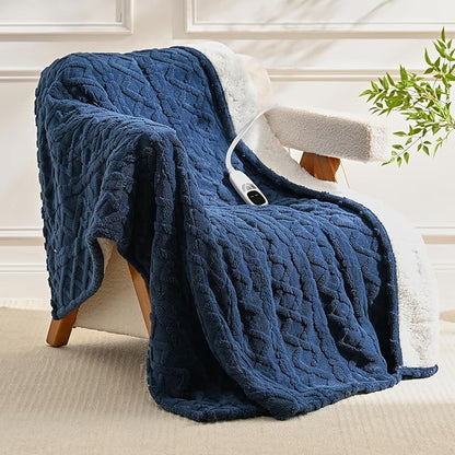 Heated Throw Blanket Electric - 50"x60" Electric Blanket Throw with 9 Heat Levels and 1-10 Hours Timer, Soft Jacquard Fleece & Sherpa Washable, Great Gift Idea - Navy Blue