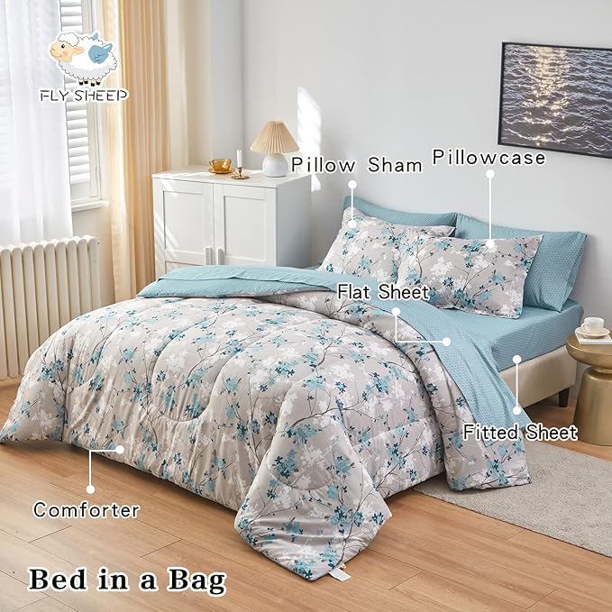 Flysheep Gray Botanical Bed in a Bag Twin Size 6 Pieces, Aqua Grey Leaves Elegant Floral Comforter Bedding Set All Season(1 Comforter, 1 Flat Sheet, 1 Fitted Sheet, 2 Pillow Shams and 1 Pillowcase)