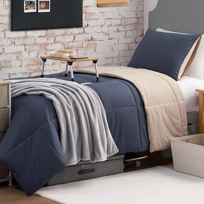 Reversible Box Stitch Comforter Set, 3-Piece Full/Queen – Navy Blue/Tan – Stylish Bedding Set